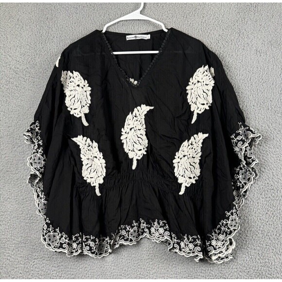 Rancho Estancia Womens Shirt L Black Embroidered Feathers Blouse Top Tunic - Picture 9 of 10